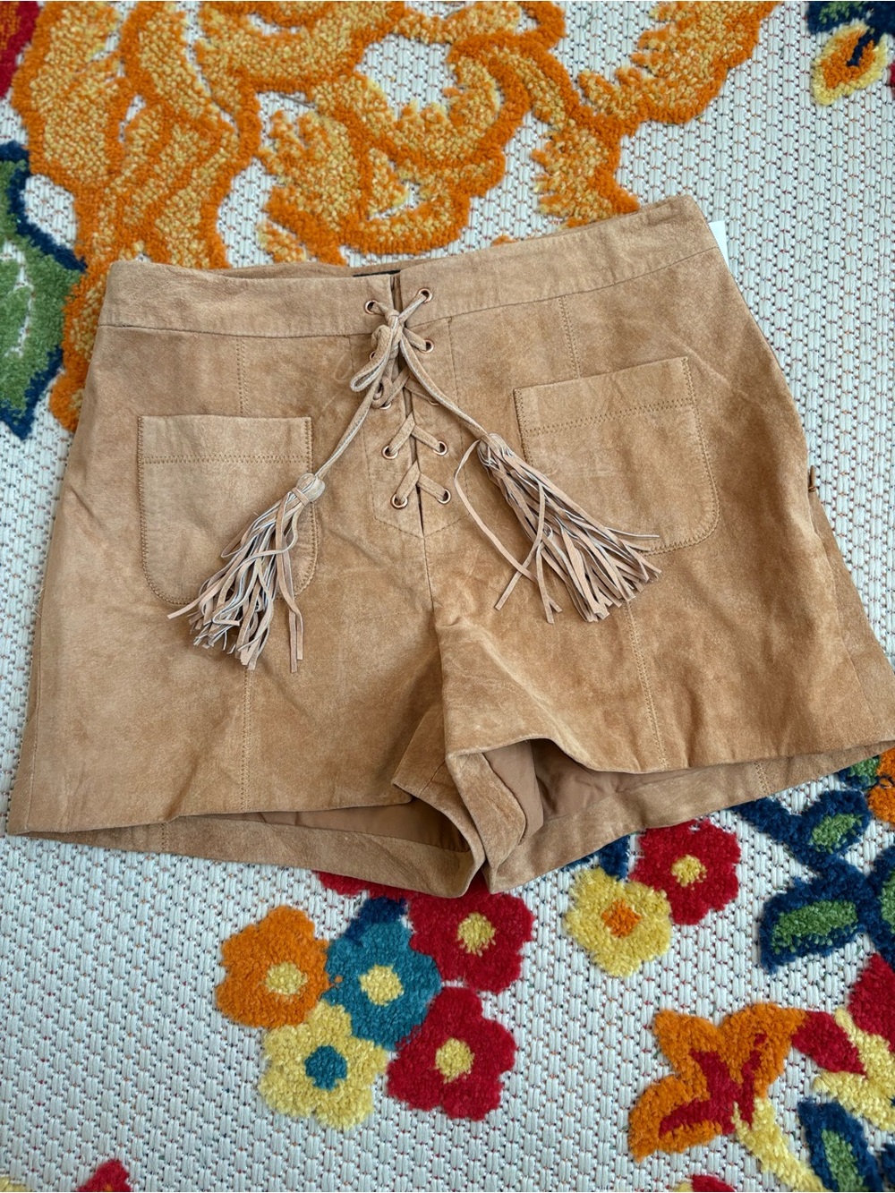 INTERMIX Camel High-Waist Suede Lace-Up Shorts